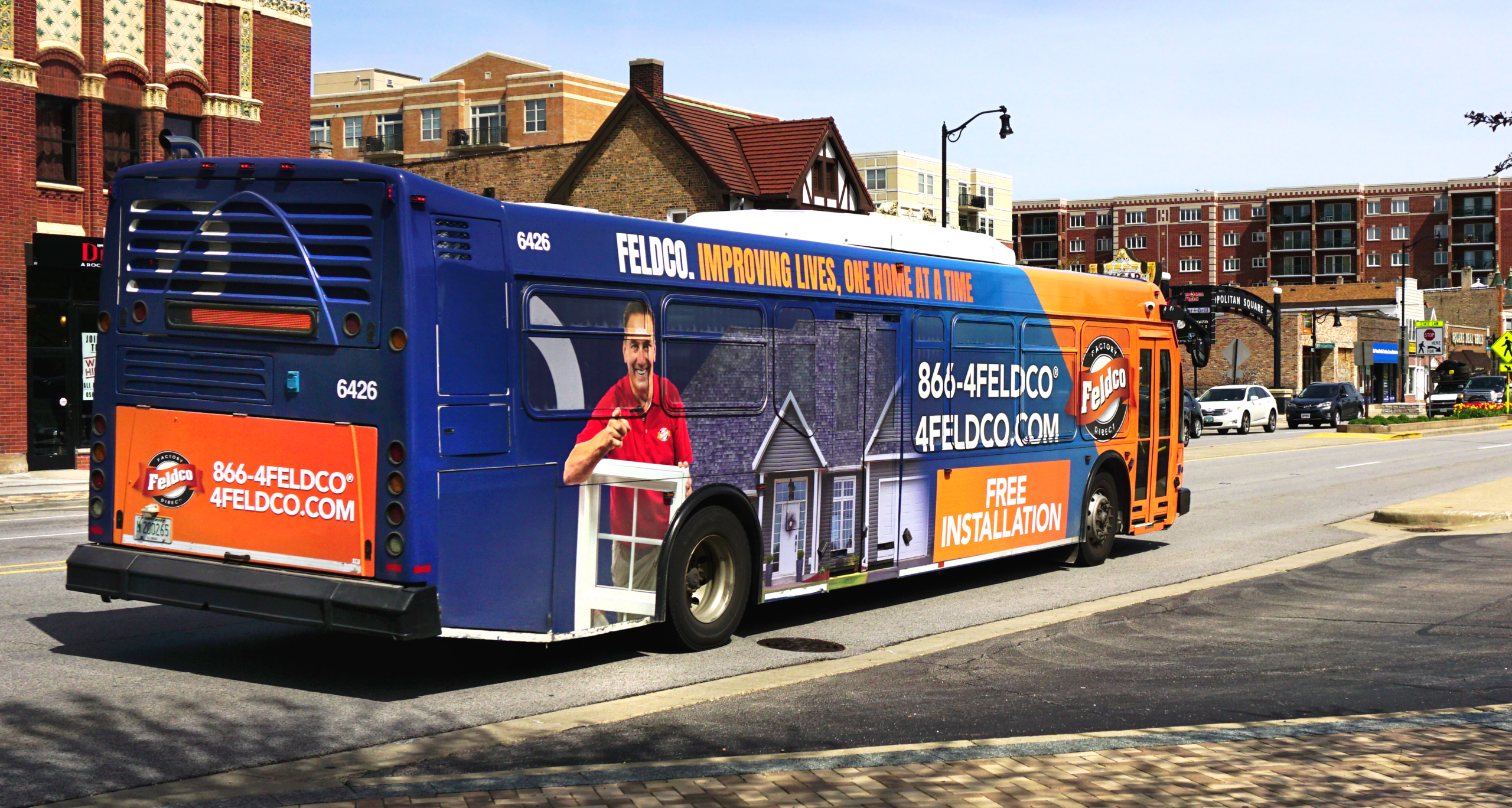 A full wrap bus advertisement for Feldco on pace.