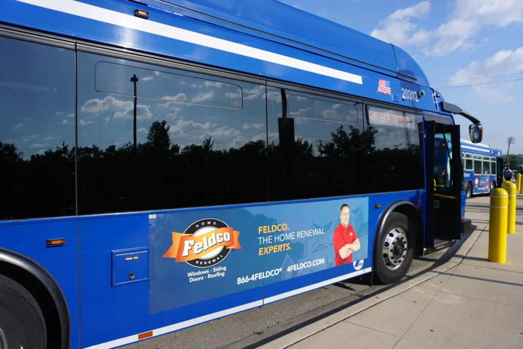 A queen format advertisement for Feldco on a pace bus.